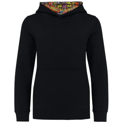 Unisex kindersweater met contrasterende capuchon met motief