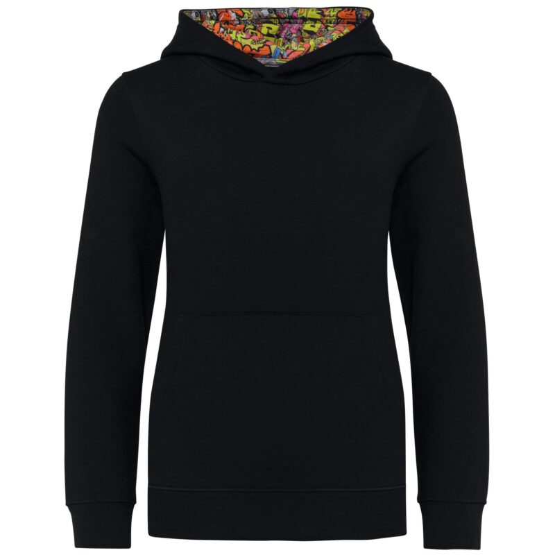 Unisex kindersweater met contrasterende capuchon met motief